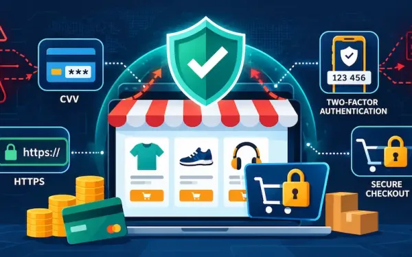 Vector Illustration Of A Protected Online Storefront With Security Icons Around A Checkout Cart