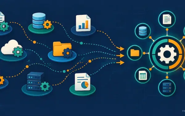 Flat Vector Illustration Of Scattered Tools Consolidating Into One Business Platform