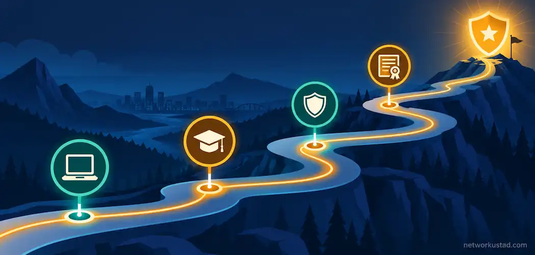 Flat Vector Illustration Of A Career Roadmap With Cybersecurity Milestones