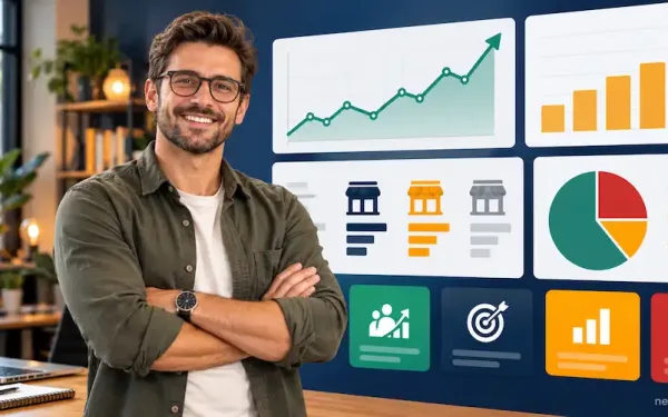 Small Business Owner Reviewing Analytics Dashboard With Flat-Vector Charts