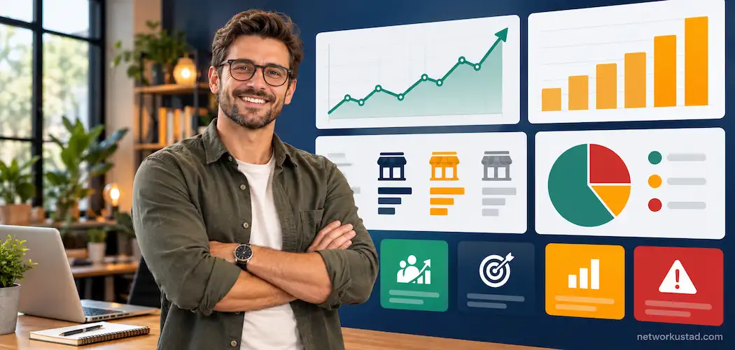 5 Reasons You Need An Analytics App For Your Smb 1 Small Business Owner Reviewing Analytics Dashboard With Flat-Vector Charts