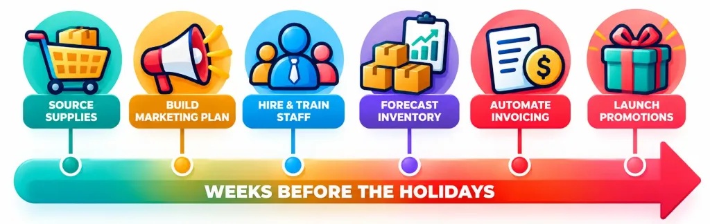 6 Ways To Prepare Your Business For The Holidays 2 Timeline Infographic Showing Six Holiday Business-Preparation Milestones In Sequence