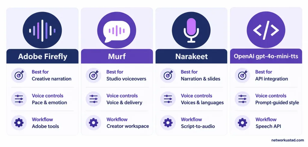 How To Create Natural-Sounding Ai Voice Narration 2 Infographic Comparing Adobe Firefly, Murf, Narakeet, And Openai Gpt-4O-Mini-Tts For Ai Voice Narration