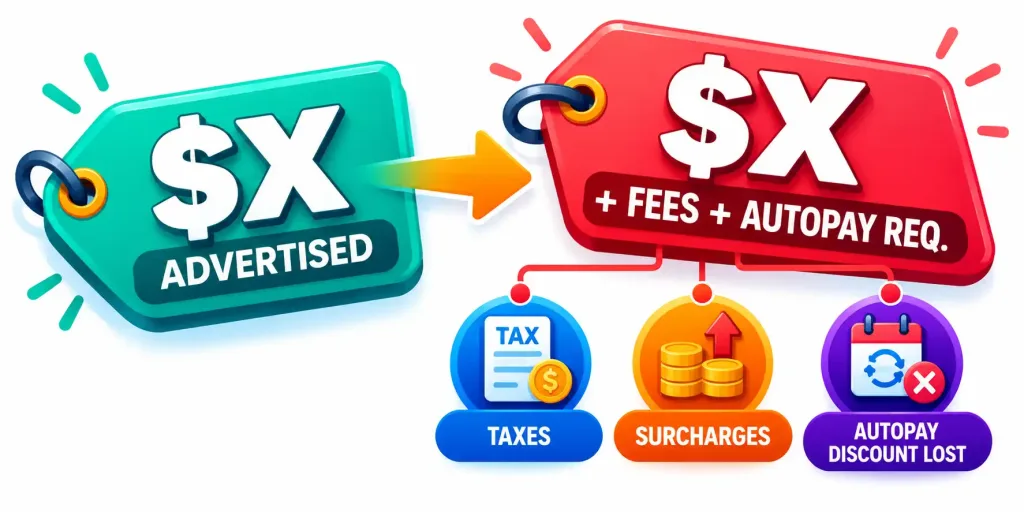 What To Actually Look For In A Phone Plan 2 Infographic Comparing An Advertised Phone Plan Price To The Real Total After Taxes, Fees, And Autopay Requirements