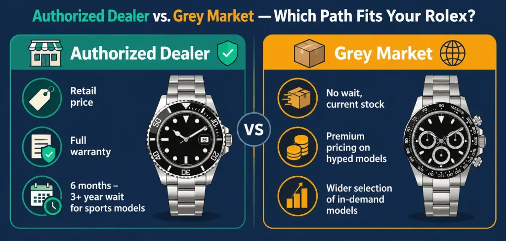 Should You Buy A Rolex Watch In Singapore? What To Actually Know First 2 Infographic Comparing Authorized Dealer And Grey Market Paths For Buying A Rolex In Singapore