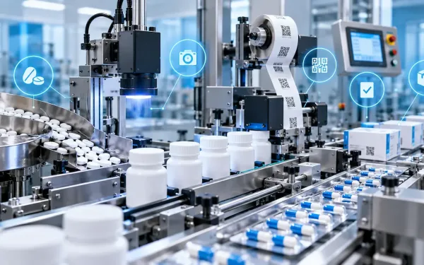 Automated Pharmaceutical Packaging Line With Tablet Counting, Bottle Filling, Inspection, And Labeling Machinery.