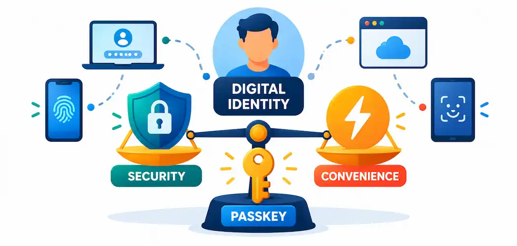 Digital Identity Management: Balancing Security And User Convenience 1 Illustration Of A Balance Scale Weighing Security Against Convenience, With A Passkey Icon Tipping It Toward Balance