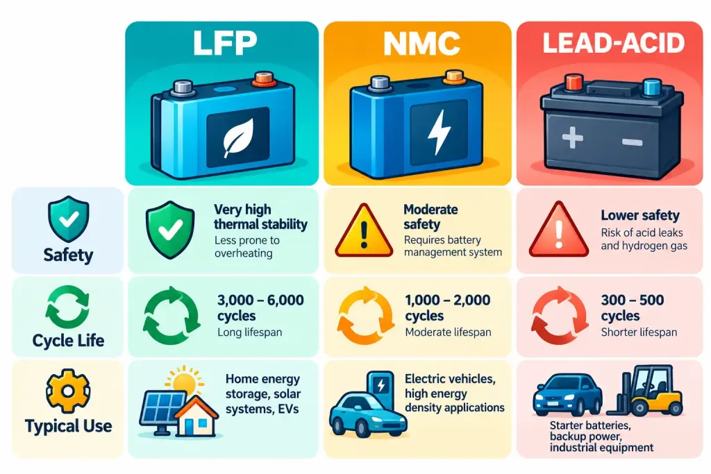How To Choose The Right Solar Battery Storage For Your Home 2 Comparison Chart Of Lfp, Nmc, And Lead-Acid Battery Chemistries By Safety, Cycle Life, And Typical Use