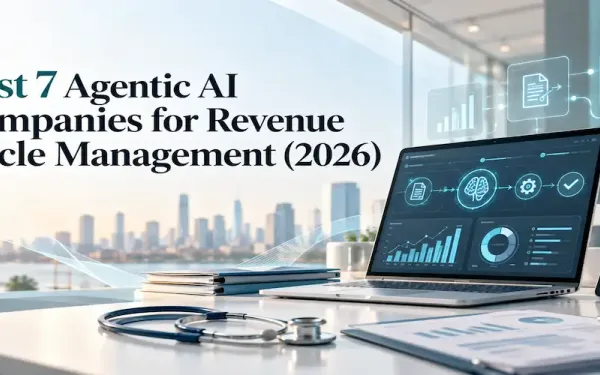 Laptop Showing An Ai Workflow Dashboard Beside A Stethoscope, With The Title Best 7 Agentic Ai Companies For Revenue Cycle Management 2026
