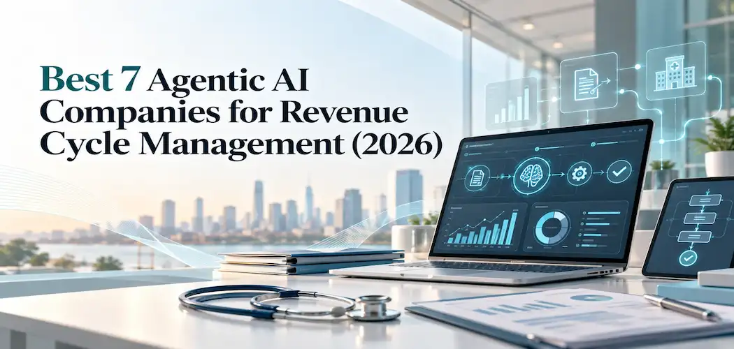 Best 7 Agentic Ai Companies For Revenue Cycle Management (2026) 1 Laptop Showing An Ai Workflow Dashboard Beside A Stethoscope, With The Title Best 7 Agentic Ai Companies For Revenue Cycle Management 2026
