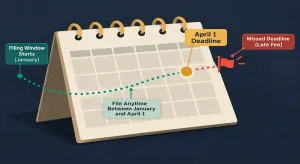 The 6 Best Georgia Llc Filing Service Options For 2026, Compared On Annual Registration Due Date Support 2 Illustration Of A Calendar Page With A Marked Deadline Date, A Countdown Line Leading To It, And A Small Flag Representing A Missed-Deadline Penalty