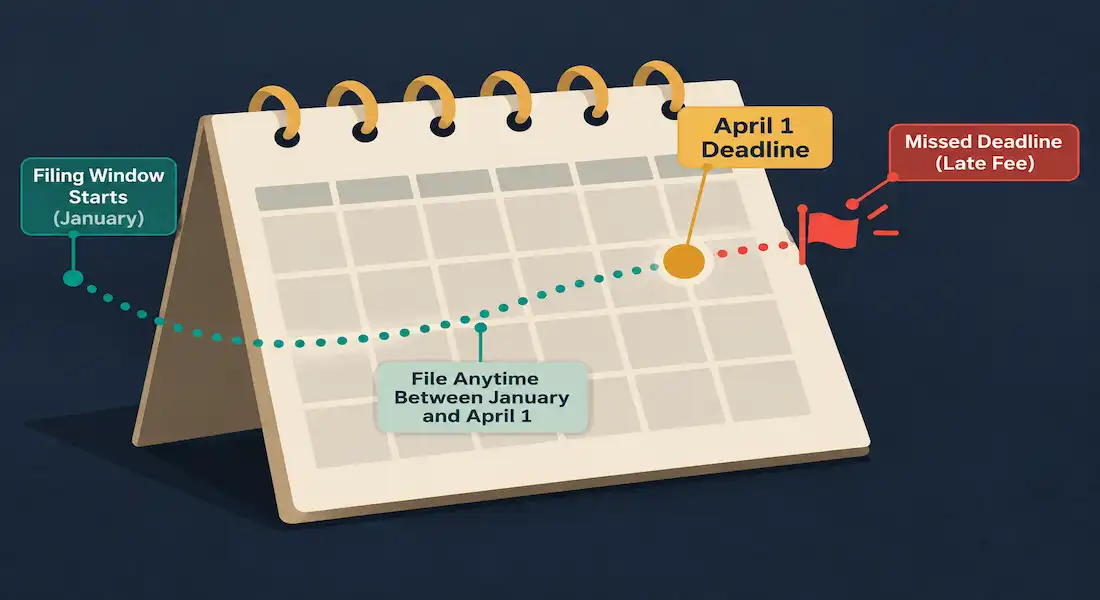 The 6 Best Georgia Llc Filing Service Options For 2026, Compared On Annual Registration Due Date Support 1 Illustration Of A Calendar Page With A Marked Deadline Date, A Countdown Line Leading To It, And A Small Flag Representing A Missed-Deadline Penalty