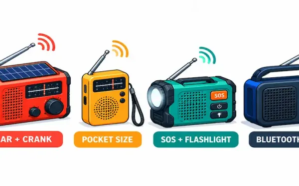 Illustration Of Four Portable Radios Labeled Solar/Crank, Pocket Size, Sos/Flashlight, And Bluetooth Combo