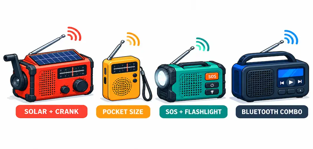 The 4 Best Portable Am/Fm Radios For Off-Roading And The Outdoors 1 Illustration Of Four Portable Radios Labeled Solar/Crank, Pocket Size, Sos/Flashlight, And Bluetooth Combo