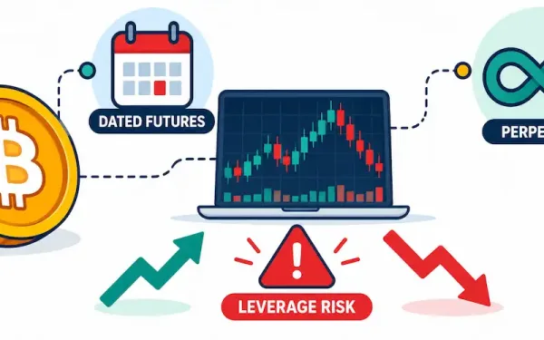 Illustration Comparing Dated Bitcoin Futures And Perpetual Futures With A Leverage Risk Warning Icon