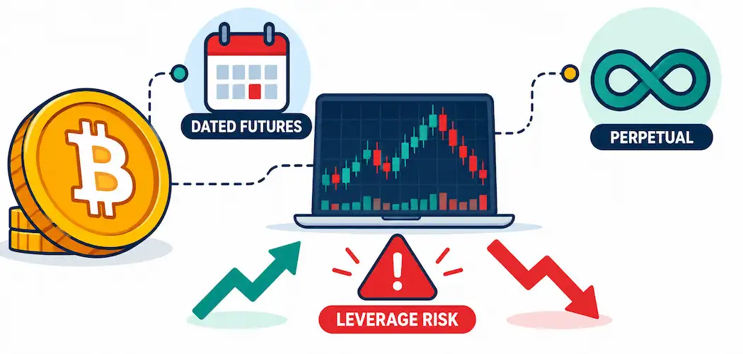 Illustration Comparing Dated Bitcoin Futures And Perpetual Futures With A Leverage Risk Warning Icon
