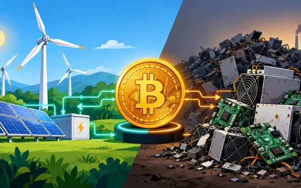 Bitcoin Symbol Connected To Renewable Energy Icons On One Side And Discarded Mining Hardware On The Other