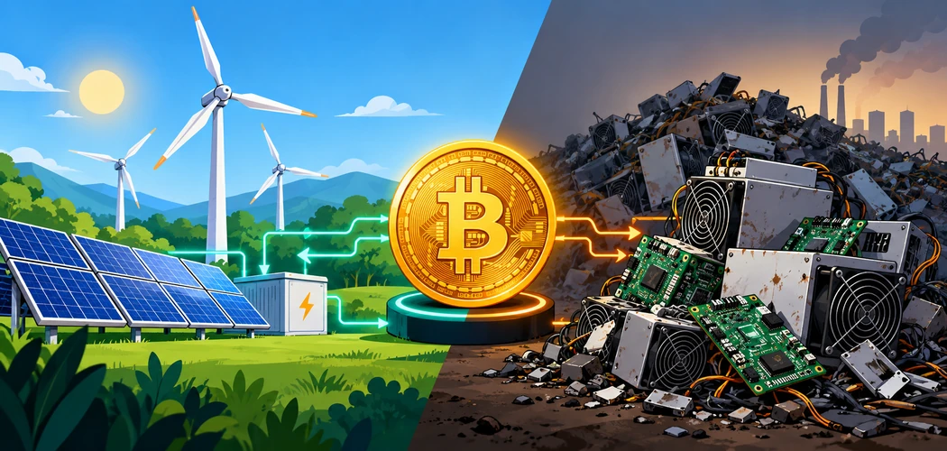 Bitcoin Symbol Connected To Renewable Energy Icons On One Side And Discarded Mining Hardware On The Other