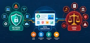 Build Vs Buy? The Network, Security And Legal Considerations Of Social Media Data Collection 4 Vector Illustration Of Network Security, Legal, And Data Icons Connected In A Diagram