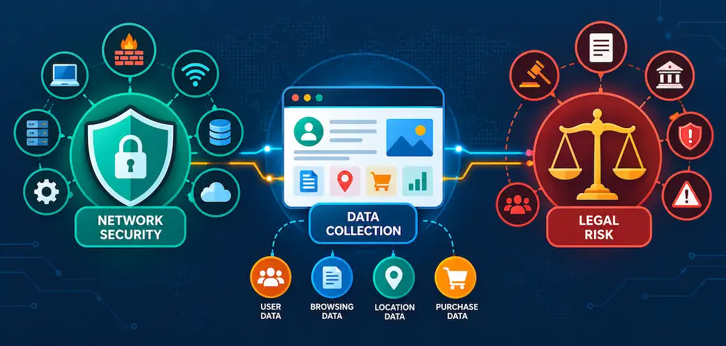 Vector Illustration Of Network Security, Legal, And Data Icons Connected In A Diagram