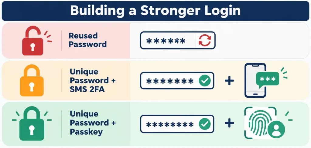 Ways To Strengthen Your Passwords And Secure Your Accounts 2 Infographic Comparing Weak, Medium, And Strong Login Security Tiers From Reused Passwords To Passkeys