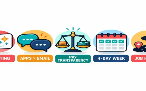 Illustration Of Five Icons Representing Ai Writing, Messaging Apps Replacing Email, Pay Transparency, The Four-Day Workweek, And Job Hopping