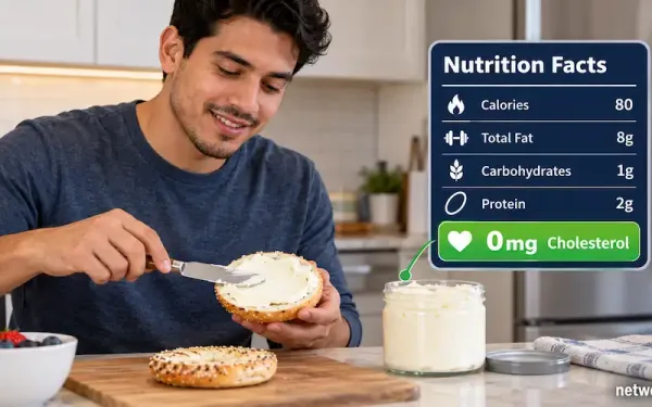 Person Spreading Vegan Cream Cheese On A Bagel Next To A Highlighted Nutrition Label