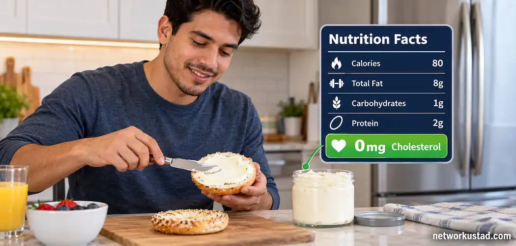 Person Spreading Vegan Cream Cheese On A Bagel Next To A Highlighted Nutrition Label