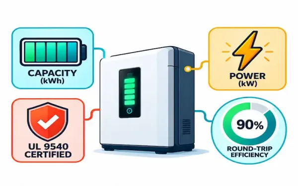 Illustration Of A Home Solar Battery Labeled With Capacity, Power Rating, Safety Certification, And Round-Trip Efficiency