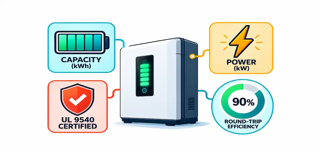 Illustration Of A Home Solar Battery Labeled With Capacity, Power Rating, Safety Certification, And Round-Trip Efficiency