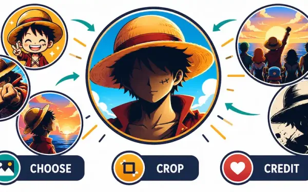 Illustration Of Circular Profile-Picture Frames In Different Anime Art Styles Surrounding A Central Pirate-Captain Silhouette Avatar