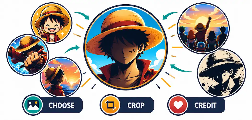 Illustration Of Circular Profile-Picture Frames In Different Anime Art Styles Surrounding A Central Pirate-Captain Silhouette Avatar