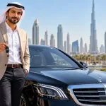 Man Standing Beside A Mercedes S-Class Rental Car On A Dubai Street With The Skyline In The Background