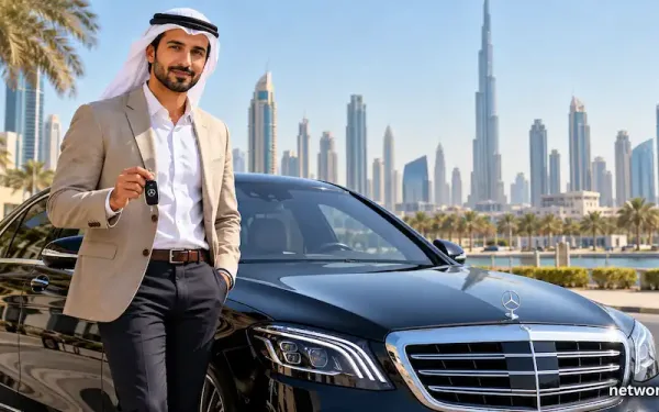 Man Standing Beside A Mercedes S-Class Rental Car On A Dubai Street With The Skyline In The Background
