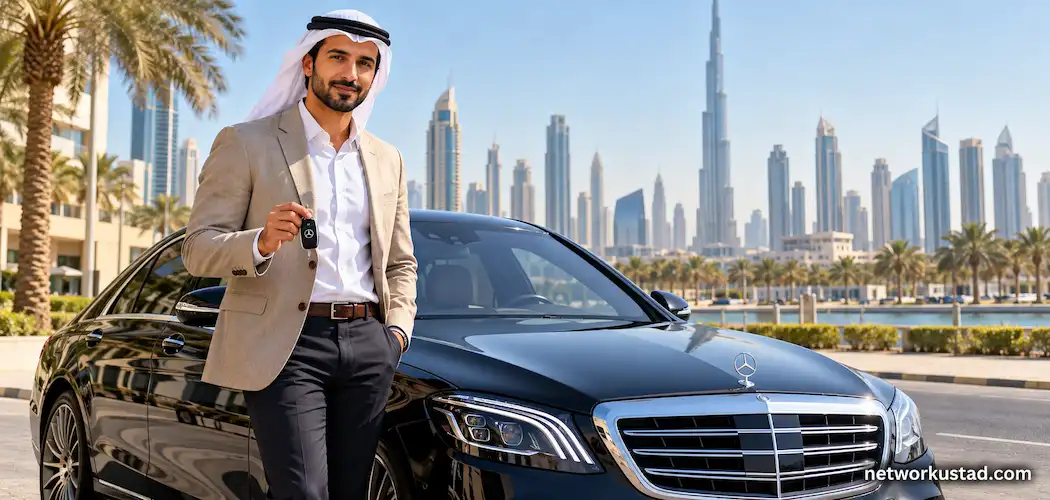Man Standing Beside A Mercedes S-Class Rental Car On A Dubai Street With The Skyline In The Background