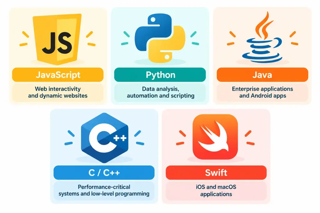 Lesson 4.1: Programming Language Categories 5 Grid Showing Javascript, Python, Java, C/C++, And Swift Paired With Their Typical Real-World Use Cases