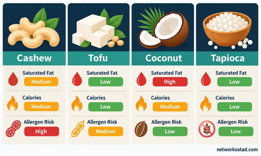 Is Vegan Cream Cheese Actually Good For You? What The Numbers Really Show 2 Chart Comparing Saturated Fat, Calories, And Allergen Risk Across Cashew, Tofu, Coconut, And Tapioca-Based Vegan Cream Cheese