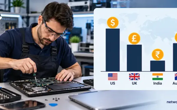 A Computer Repair Technician At A Workbench Beside A Verified Salary Comparison Chart For The Us, Uk, India, And Australia
