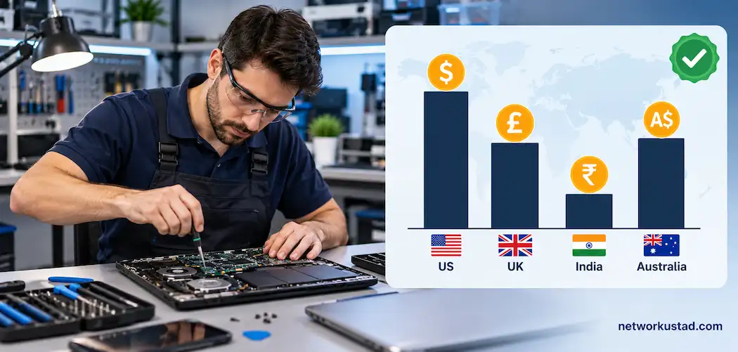 Computer Repair Technician Salary: What You Actually Earn, By Country 1 A Computer Repair Technician At A Workbench Beside A Verified Salary Comparison Chart For The Us, Uk, India, And Australia