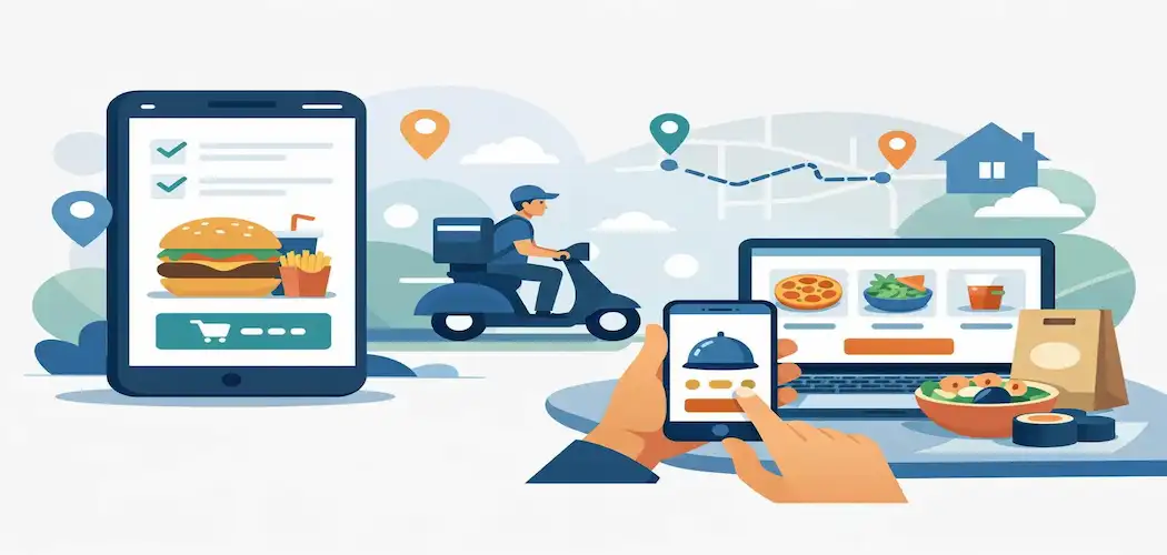 Three Connected App Screens Representing The Customer, Restaurant, And Driver Sides Of A Food Delivery Platform With A Cost Tag Icon
