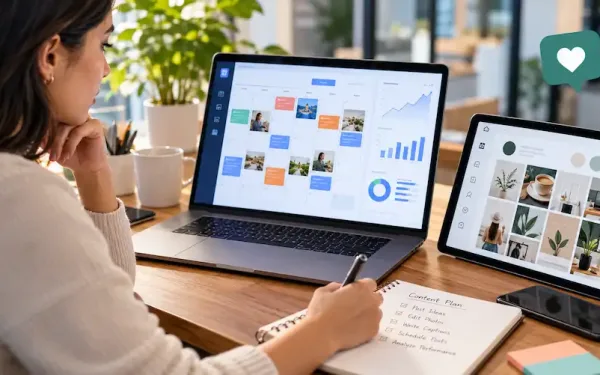 Social Media Manager Reviewing A Content Calendar And Engagement Data On A Laptop