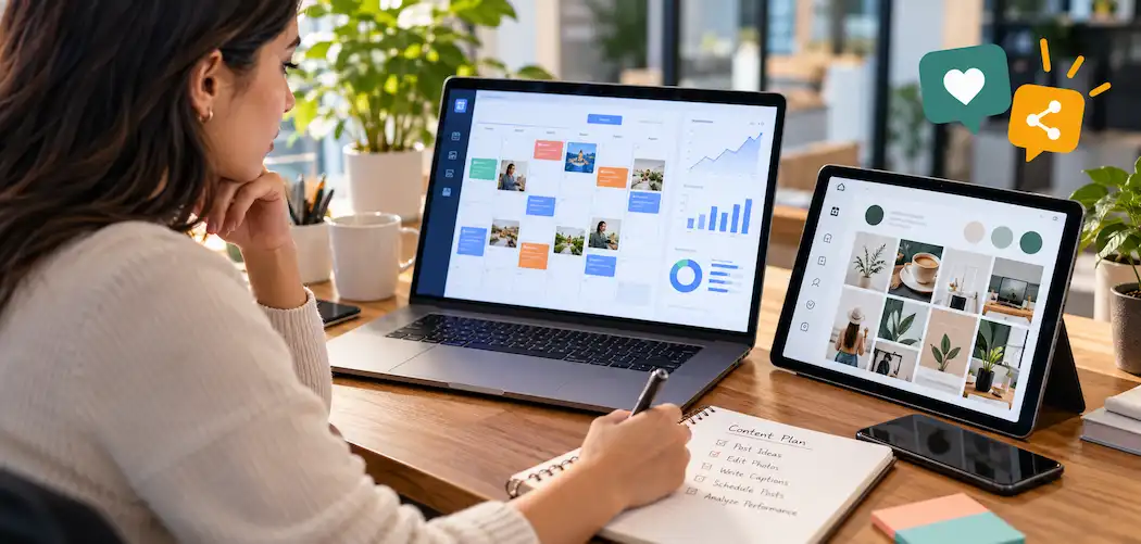 Social Media Manager Reviewing A Content Calendar And Engagement Data On A Laptop