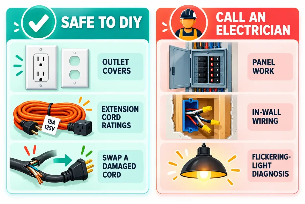 5 Electrical Maintenance Tips Every Homeowner Should Know 2 Comparison Infographic Of Electrical Tasks Safe For Homeowners Versus Tasks Requiring A Licensed Electrician