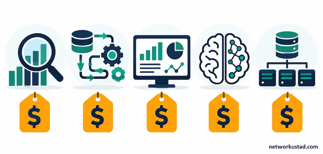 Top 5 Data Science Careers To Explore (With Real Salary Data) 1 Five Icons Representing Data Analyst, Data Engineer, Bi Analyst, Data Scientist, And Data Architect Career Paths