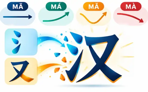 Illustration Of A Chinese Character Breaking Into Component Radicals Beneath Four Tone-Mark Wave Icons Labeled With The Four Mandarin Tones