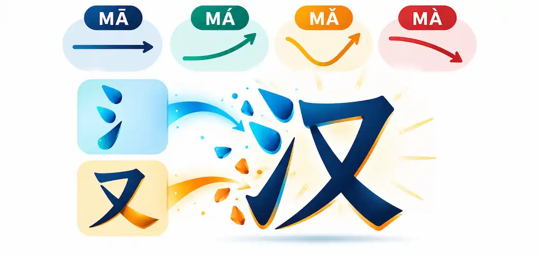 Illustration Of A Chinese Character Breaking Into Component Radicals Beneath Four Tone-Mark Wave Icons Labeled With The Four Mandarin Tones