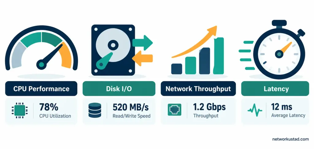 Host Website On Serverwala Dedicated Server In Kolkata With High Performance 2 Infographic Showing Cpu, Disk I/O, Network Throughput, And Latency Benchmark Categories For A Dedicated Server
