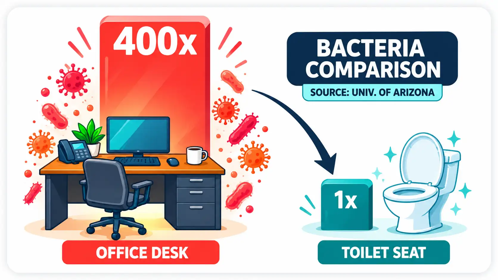 The Unexpected Pest Risks Facing Modern Businesses 2 Infographic Comparing Bacteria Levels On An Office Desk Versus A Toilet Seat, Citing University Of Arizona Research