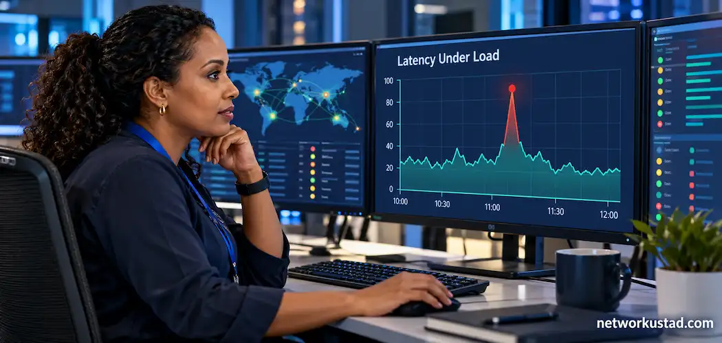 Network Engineer Reviewing A Latency Spike Graph While Diagnosing Network Output Performance