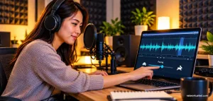 How To Create Natural-Sounding Ai Voice Narration 2 Person Adjusting Pacing And Emphasis Controls On An Ai Voice Narration Waveform Editor
